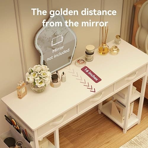 oneinmil White Vanity Desk, Computer and Study Desk with Fabric Drawers & Side Storage Bag, no Mirror. Makeup Vanity Table, Home Office Desk, Modern Writing Desk, 48"x16". thumbnail 7