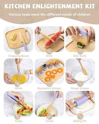Wooden Kids Cooking Set Montessori Kit - Real Toddler Kitchen Tools & Baking Utensils - 30PCS Cooking Kit for Kids with Storage Bag, Great Gift for Pretend Play & Montessori Learning (Purple) thumbnail 3