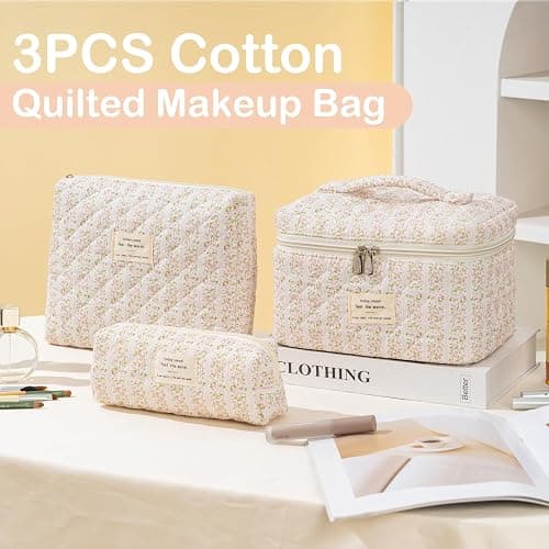 UUYUUY Makeup Bag for Women 3PCS Quilted Cotton Make Up Bag Travel Cosmetic Bag Large Makeup Bag Set Cute Makeups Organizer Floral Toiletry Pouch for Purse, Pink Floral C thumbnail 3