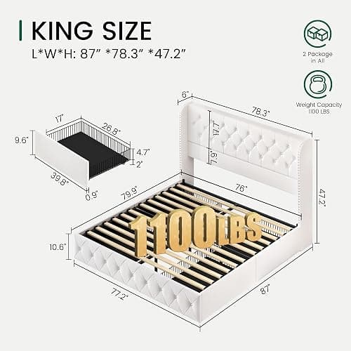 LARMACE King Size Bed Frame with 4 Storage Drawers and Wingback Headboard Velvet Upholstered Platform Bed Frame Tufted Beds with Wooden Slats Support, Easy Assembly, White thumbnail 2