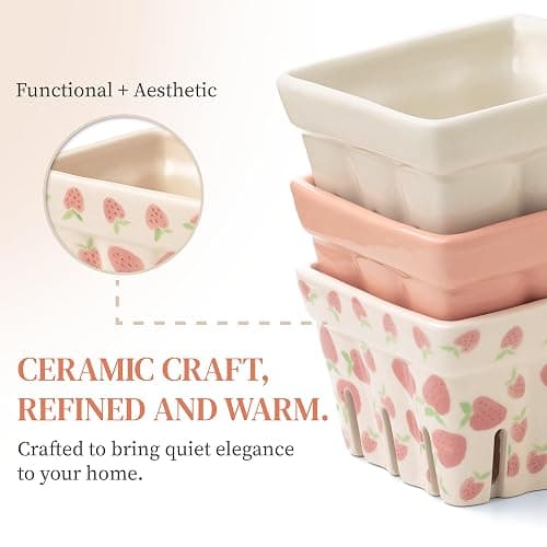 Ceramic Berry Basket, Farmhouse Colander, Strawberry Decor, Fruit Bowls, Fruit Baskets, Kawaii Strawberry Kitchen bowl, Pink White and Cute Strawberry pattern Stoneware Harvest Square Bowls Set of 4 thumbnail 5