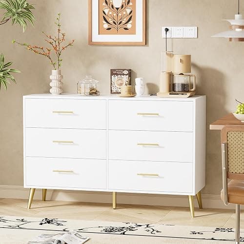 ORGANSANDS White Dresser for Bedroom, 6 Drawer Chest with Wide Drawers and Gold Metal Handles - Image 1