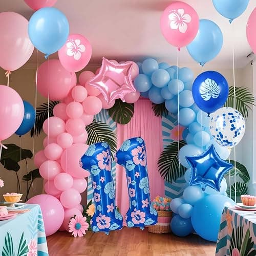Minyu Tropical Floral Number large Balloon - 10-pack, includes hibiscus and palm leaves, pink and blue star foil, and sequined balloons, perfect for birthday party decorations. (Number 11) thumbnail 2