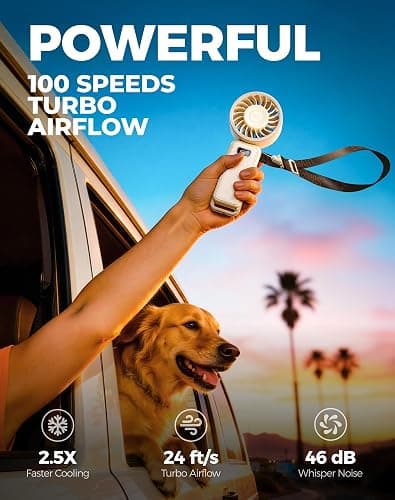 Diveblues Portable Handheld Fan, 7.4m/s High Speed Turbo Fan, 180° Foldable 4-in-1 Personal Neck Fan Carabiner Clip, 100 Speed Stepless Control, USB-C Rechargeable for Travel, Makeup Hot Flashes,D6036 thumbnail 2