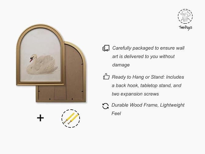 TwoDays Gold Vintage Arched Wood Framed Wall Art – Swan Canvas Picture for Home Aesthetic Wall Decor, Cottagecore Farmhouse Artwork Prints for Living Room, Bedroom (11" x 13.8") thumbnail 5