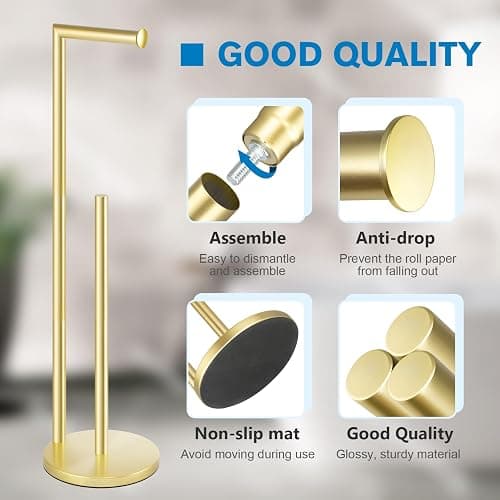 Toilet Paper Holder Stand, Gold Toilet Paper Holder Free Standing | Toilet Paper Holder for 4 Rolls, Bathroom Organizers and Storage with Anti-Slip Base and Rustproof thumbnail 4