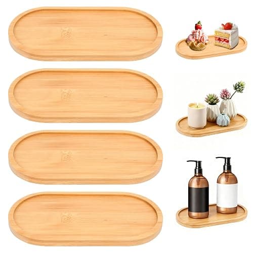 FHUIEWRY 4 Pack Oval Bamboo Bathroom Serving Trays, Wooden Vanity Tray | Oval bamboo counter tray, wooden soap holder for bathroom, countertop jewelry, cosmetics, candle, kitchen& small item storage - Image 1