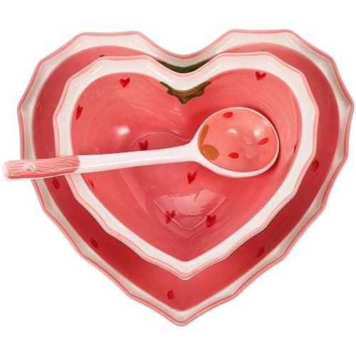 Ceramic Bowl Plate with Spoon Heart Shaped Strawberry Bowl Salad Dessert Snack Appetizer Plates for Soup Cereal Nuts Oatmeal Fruit Prep Sushi Plate Set - Image 1