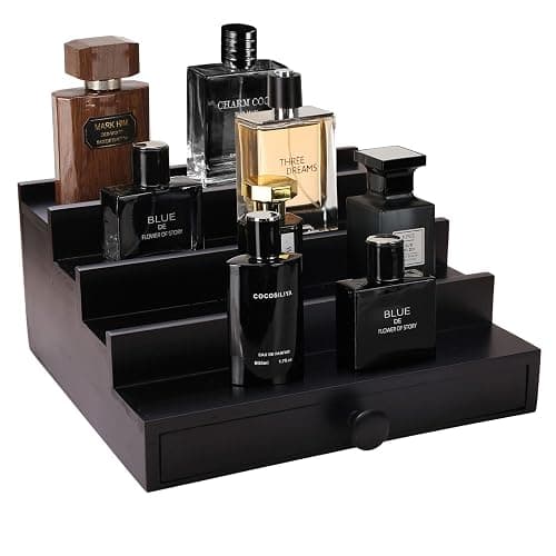 Fengligoo Black Cologne Organizer for Men - 4 Tier Wooden Perfume Display Stand with Drawer and Hidden Compartment for Organizing and Storing, Cologne Holder Shelf for Dresser thumbnail 4