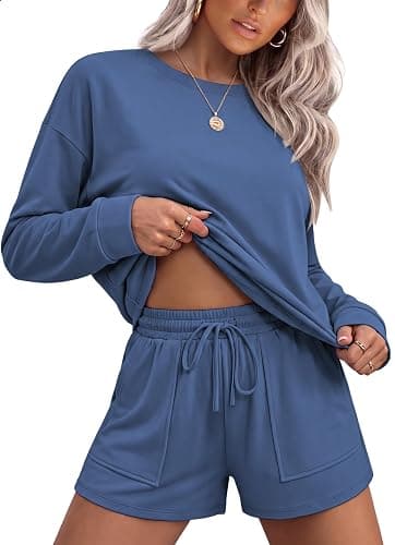 Ekouaer Women's Lounge Sets Pajamas 2026 Fall Long Sleeve Top&Shorts XS-XXL | Matching 2 Piece Sets,Fall outfits,Loungewear for Travel,Vacation,Airport,Home,Daily Wear,Shorts with Pockets - Image 1