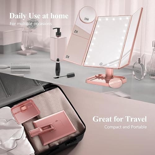 HUONUL Makeup Mirror, Vanity Mirror with Lights, 2X/3X/10X Magnification, Touch Control, Trifold, Dual Power Supply, Valentines Day Gifts for Her,Gifts for Women, Wife, Mom, Girls,Dorm Room Essentials thumbnail 5