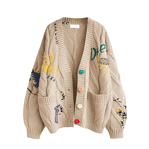 Women's Cable Knit Long Sleeve Open Front Cardigan Sheep V-Neck Button Down Embroidery Wool Blend Sweater Coat Outwear - Image 1