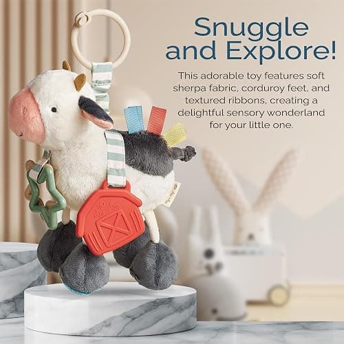 Itzy Ritzy Link & Love Toy for Stroller or Car Seat – Features Textured Ribbons, Crinkle Sounds, Clinking Rings & Silicone Teether – Designed for Ages 0 Months and Up (Cow) thumbnail 7