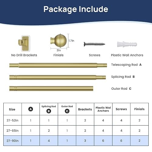 ENJOYBASICS No Drill Curtain Rods for Window 48 to 84 Inches, 5/8 Inch Diameter Renter Friendly Drapery Rod with Adhesive Brackets without Drilling, Adjustable from 27 to 90 Inches, Gold thumbnail 7
