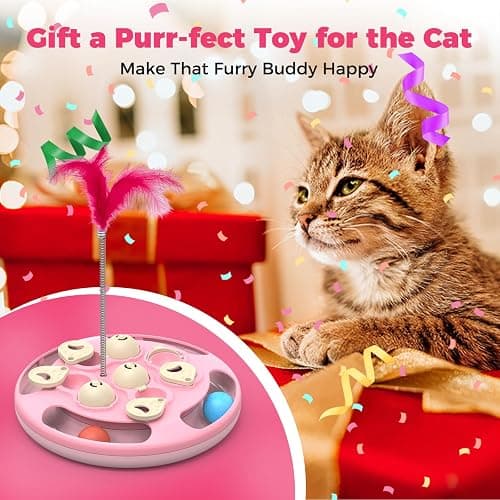 CGBD 3 in 1 Cat Treat Puzzle Feeder, Level 3 Interactive Cat Puzzle Toy with Track Balls, Feather Teaser & Slow Feeder Insert, Non-Slip Base, Mental Stimulation for Bored Indoor Cats, Pink thumbnail 7