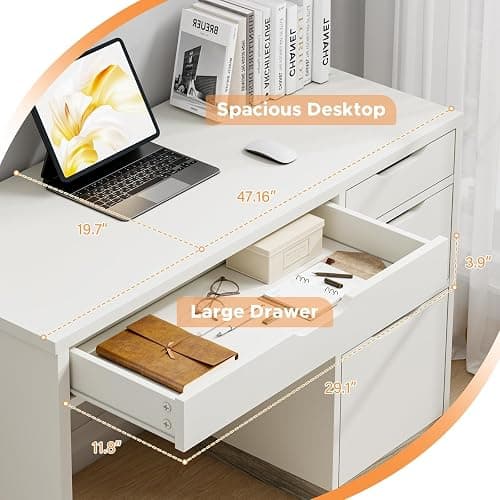 MaverickFurni White Desk with Drawers, 48 Inch Small Computer Desk with 4 Storage Drawers for Small Space, Home Office Desk for Bedroom with Storage File Cabinet thumbnail 4