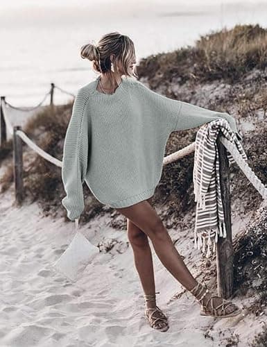 Ugerlov Women's Oversized Sweaters Batwing Sleeve Mock Neck Jumper Tops Chunky Knit Pullover Sweater thumbnail 3