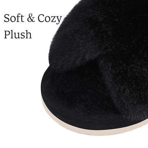 Comwarm Women's Cross Band Fuzzy Slippers Fluffy Open Toe House Slippers Cozy Plush Bedroom Shoes Indoor Outdoor thumbnail 4