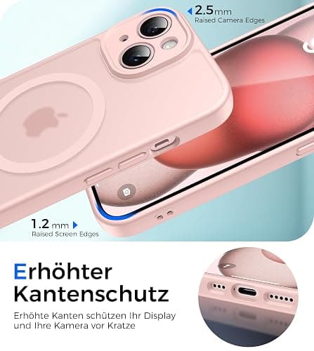 Natiiozie Magnetisch Kompatibel mit iPhone 15 Hülle Kompatibel mit MagSafe, Kameraschutz FallSchutz Handyhülle, Stoßfest Kratzfest Schutzhülle Transluzente Matt Rückseite 6.1 Zoll Case Rosarot thumbnail 4