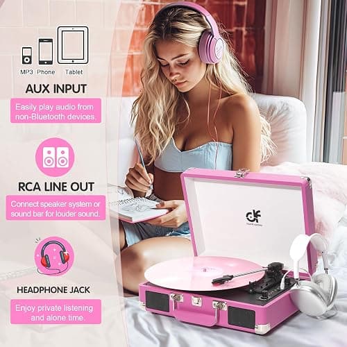 Record Player, Vintage 3-Speed Suitcase Turntable with Built-in 2 Speakers,USB Recording Vinyl to MP3, Bluetooth 3 Speed 3 Size Portable Record Player for Music Lovers Hot Pink thumbnail 7