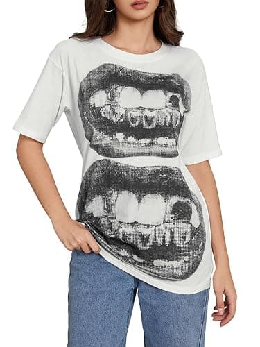 Verdusa Women's Lips Print Graphic Tees Y2k T Shirts Summer Crew Neck Vintage Going Out Tops - Image 1