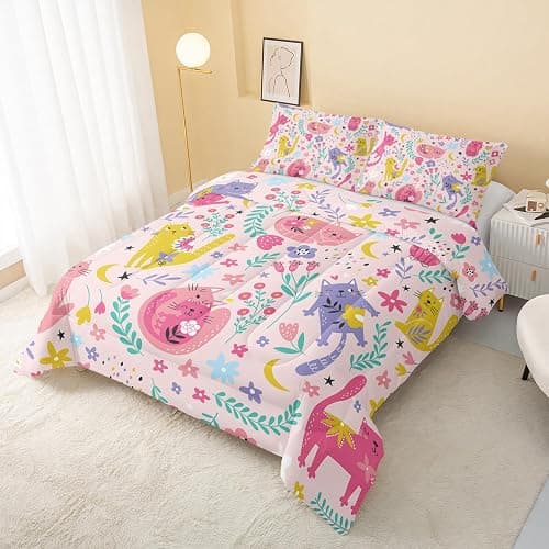 QOOMO Floral Cat Comforter Twin Size,Pink Cat Bedding Set for Kids Teens Girls,3Pcs Bedding Set Printed Comforter with 2 Pillowcases,Down Alternative,Soft and Lightweight(Pink，Twin Size) thumbnail 3