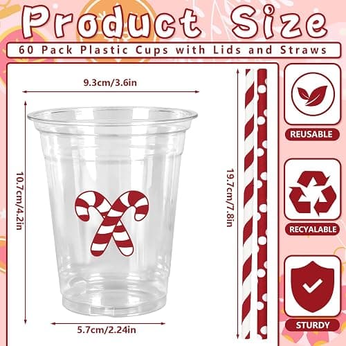 JarThenaAMCS 60Pcs Christmas Plastic Cups with Lids Straws Drinking Cup 12oz Gingerbread Man Candy Cane Disposable Cups for Xmas Winter Holiday thumbnail 3