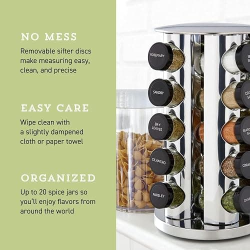 Kamenstein 20 Jar Revolving Countertop Spice Rack with Spices Included, FREE Spice Refills for 5 Years, Polished Stainless Steel with Black Caps, 30020 - 20-Jar - Classic Cap - Rack thumbnail 6