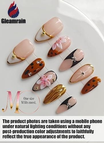 Gleamrain Handmade Press on Nails Almond Shape M Size/Gleamrain Luxury Medium Hand Made Nails with Design for Women 10Pcs by P06 thumbnail 2