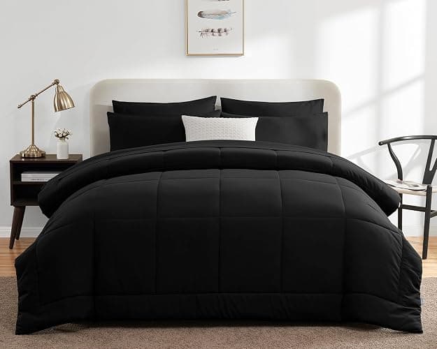 CozyLux King Size Comforter Set Black, 7 Pieces Bed in a Bag, Black Comforter King Size, All Season Bedding Sets with Stitch Quilted Comforter, Flat Sheet, Fitted Sheet, Pillowcases thumbnail 8