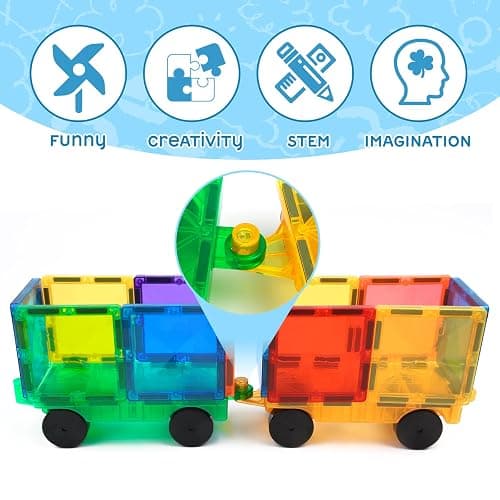 Mruikeny Magnetic Tiles Cars Construction Set - 4 PCS Magnetic Tiles Magnet Bricks Truck Sensory Toys, Educational Magnet Cars Set Building Blocks for 3 4 5 6 7 8+ Year Old Girls Boys thumbnail 5