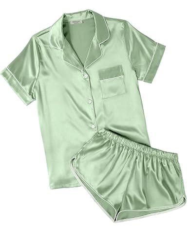Ekouaer Womens Silk Satin Pajamas Short Sleeve PJS Shorts Set Soft Button Down Sleepwear 2 Piece Loungewear S-5XL - Image 1