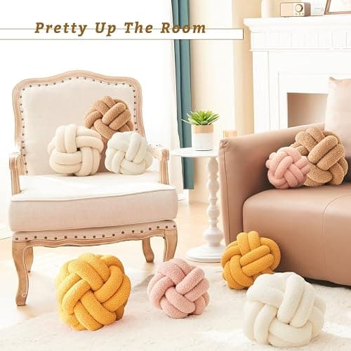 Lokaluo Knot Pillows Ball Decorative Throw Pillows for Couch Bed Sofa Living Room 2 Cord Aesthetic Round Cute Plush Pillows Home Decor,woolwhite 11inch thumbnail 2