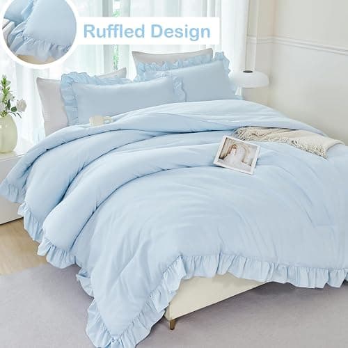 ANGIYUIN Light Blue Ruffle Girls Comforter Set Twin Size 5 Pieces Ruffled Farmhouse Bed in A Bag Solid Boho Bedding Comforter Sets Soft Fluffy Bed Sets for Kids Girl(Light Blue Twin) thumbnail 7