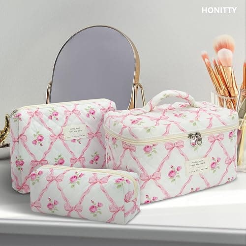 honitty Makeup Bag,Quilted Cosmetic Bag,Large Floral Make Up Bag for Women,Cotton Makeup Bag Set,Flower Travel Toiletry Bag thumbnail 5