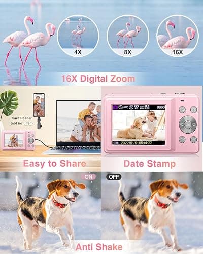 Digital Camera, FHD 1080P Point and Shoot Kids Camera, with 32GB Card, 2 Batteries, 16X Zoom Anti Shake Date Stamp, Compact Portable Small, for Starter Kid Children Teen Student Girl Boy(Pink) thumbnail 5