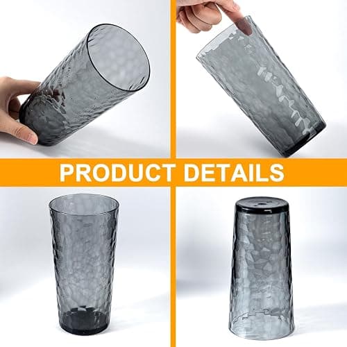 ZAINCA 24-ounce Plastic Tumblers, Acrylic Drinking Glasses High-Balls, set of 8 Grey, Reusable Plastic Cups, Hammered Style Stackable, BPA-Free, Shatter-Proof, Dishwasher-Safe thumbnail 4
