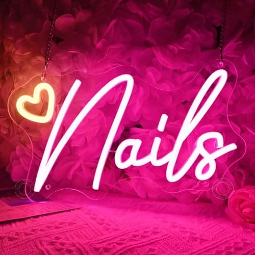 SYLHOME Led Neon Light Sign Nails With Heart Nail Studio Beauty Salon Business Makeup Room Wall Sign Decor Birthday Party Backdrop 11.81" X 6.7" USB - Image 1