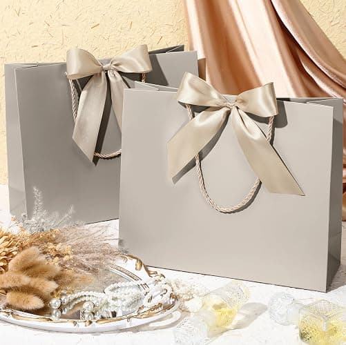 Silkfly 12 Pcs Thank You Gift Bags with Handle 12x10x4'' Welcome Return Gifts Bag with Bow Ribbon for Valentine Wedding Bridesmaid Baby Shower New Year Housewarming Birthday (Champagne) thumbnail 5