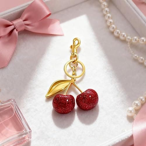 Sparkling Cherry Keychain for Women, Cute Bag Charm & Purse Accessory, Handbag Keyring Charm Gifts thumbnail 3