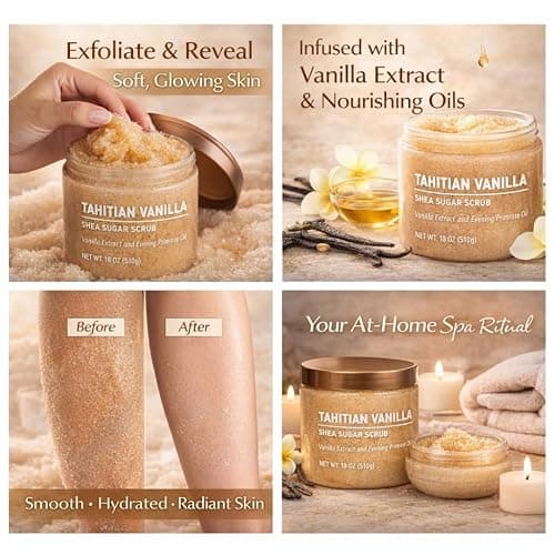 Tahitian Vanilla- Body scrub - With Shea Sugar – Exfoliating Sugar Scrub for Soft, Glowing Skin – Hydrating Body Polish, Smooth & Radiant Skin, Vanilla Scent for Women, 18 oz thumbnail 5