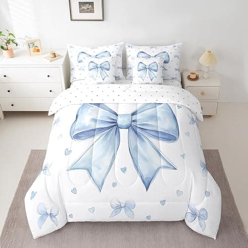 Erosebridal Cute Blue Bowknot Bed in A Bag with Sheets for Kids Girls Teen,Kawaii Dreamy Bow Queen Comforter Set 7 Piece Princess Blue White Heart Decor Bedding Set Soft Sheet Set with Comforter thumbnail 2