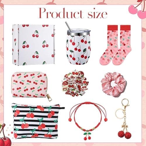 Landical 59 Pcs Cherry Gift for Women Include Themed Tumbler Mug Makeup Bag Sock Bracelet Necklace Scrunchie Wooden Ornament Greeting Card in Gift Box for Christmas Holiday thumbnail 3