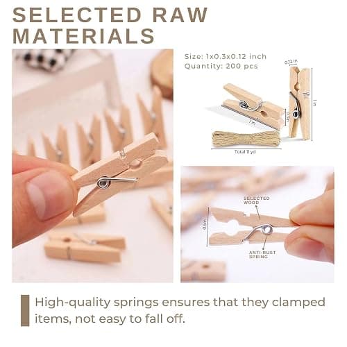 LOTIMOYIA Mini Clothes Pins 200 Pcs - 1" Wooden Clothespins with 11FT Jute Twine,Small Clothes Pins for Photos, Crafts, Home Decor & Art Projects, Reusable Multi-Purpose Clothespins for DIY Projects thumbnail 5