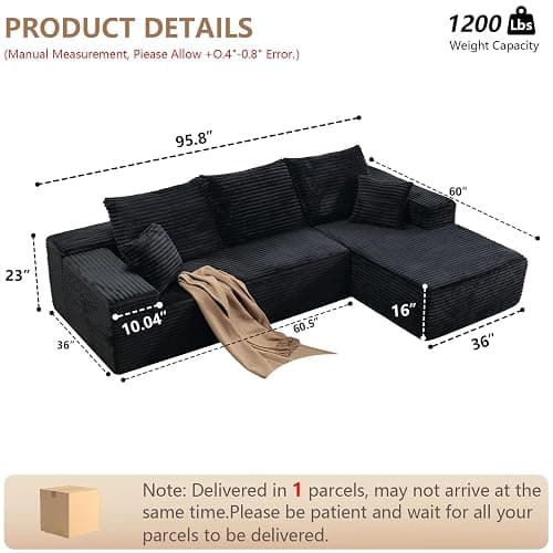 atosela Sectional Couches for Living Room Cloud Couch Sofa with L-Shape Couch in a Box Upholstered Boneless Couchs Modern Modular Sectional Couch with Chaise(Black,3 Seater-Right-Facing Chaise-96) thumbnail 2