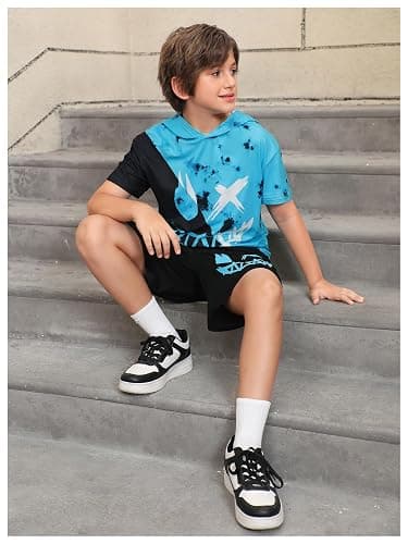 WDIRARA Boy's Two Piece Graphic Print Hooded Neck Tops and Track Shorts Clothing Set thumbnail 6