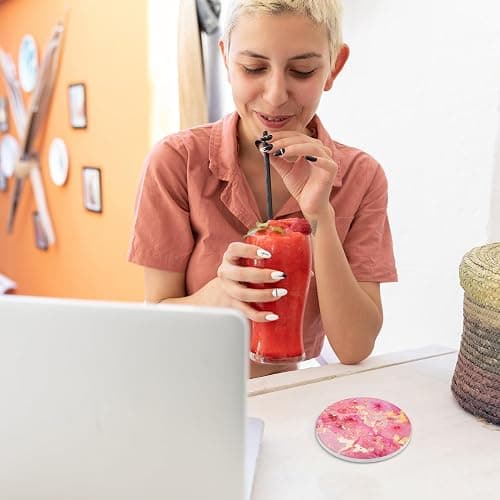 Lemonleaf Cute Pink Gold Drink Coasters Set of 4, 4 Inch Office Absorbent Desk Coasters with Holder thumbnail 6