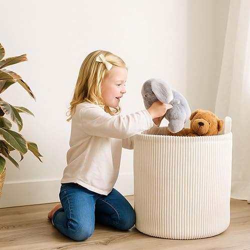 PUTSKA Blanket Basket – Round Storage for Toys and Blankets, Clothes, Stuffed Animals – Soft Baby Girl Basket for Nursery, Kids Room, Bedroom, Living Room – Large, Cream thumbnail 3