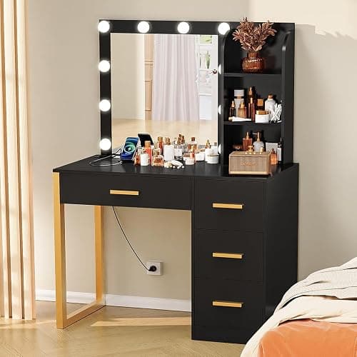 FIONESO Makeup Vanity Desk with Mirror & Lights, Vanity Desk with 4 Drawers & Charging Station, Dressing Vanity Table with Open Storage Shelves, 3 Color Modes, Vanity Table for Bedroom, Black thumbnail 9