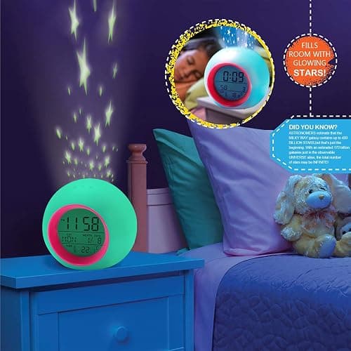 Tarklanda Kids Alarm Clock,Moon Stars Projector Alarm Clock,7 Color Changing Night Light,Snooze Touch Control Temperature for Kids’ Bedroom, Digital Clock for Girls Boys Children thumbnail 6